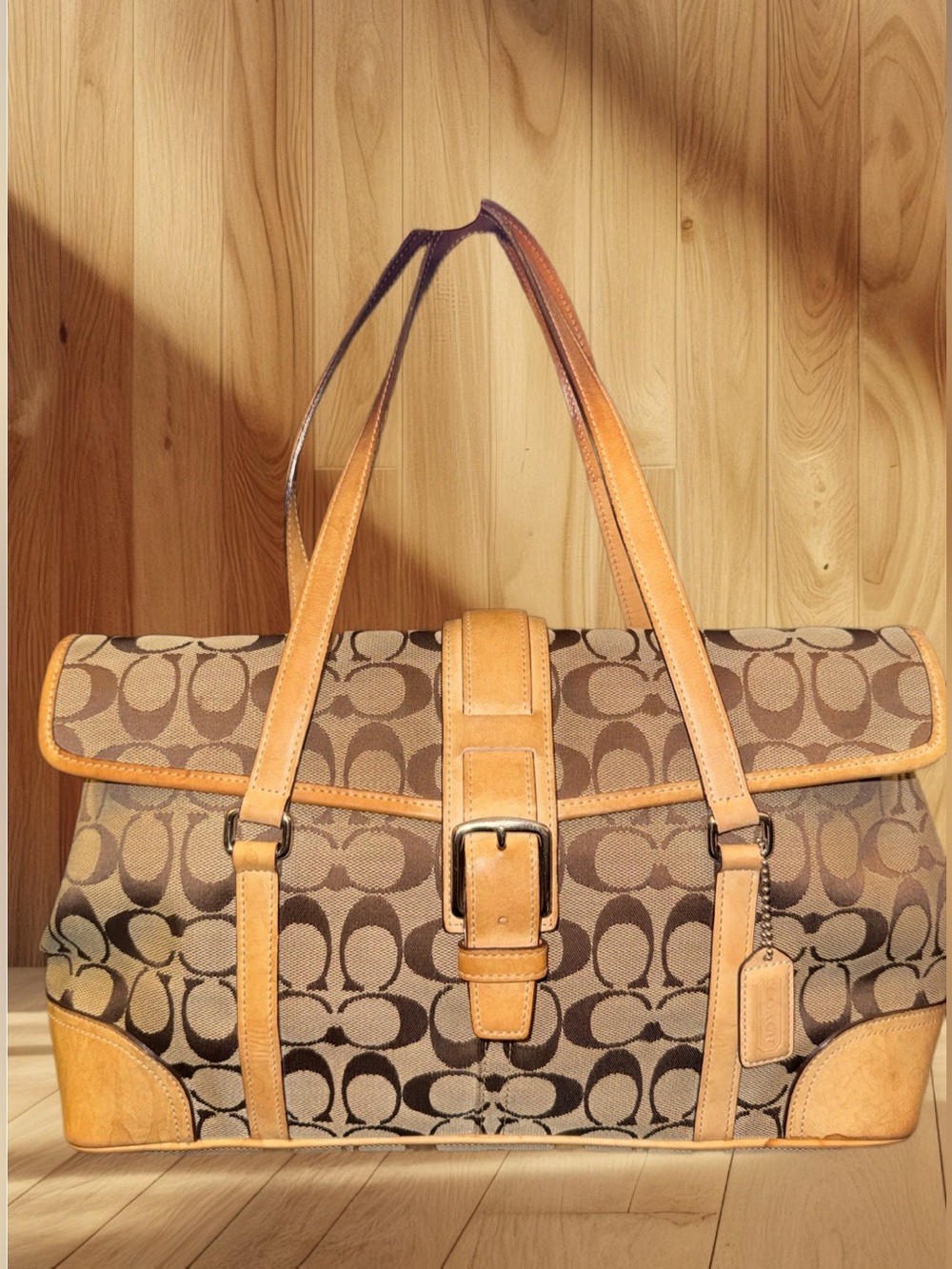 Coach Brown Signature Canvas Shoulder Bag with Tan Leather Trim